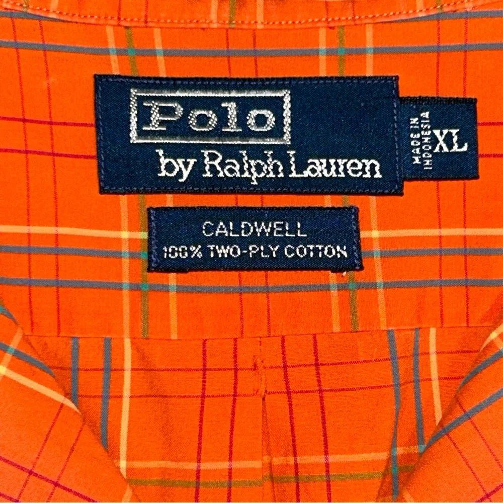 90S Polo By Ralph Lauren Orange Plaid Caldwell Open Collar Short Sleeve Shirt XL